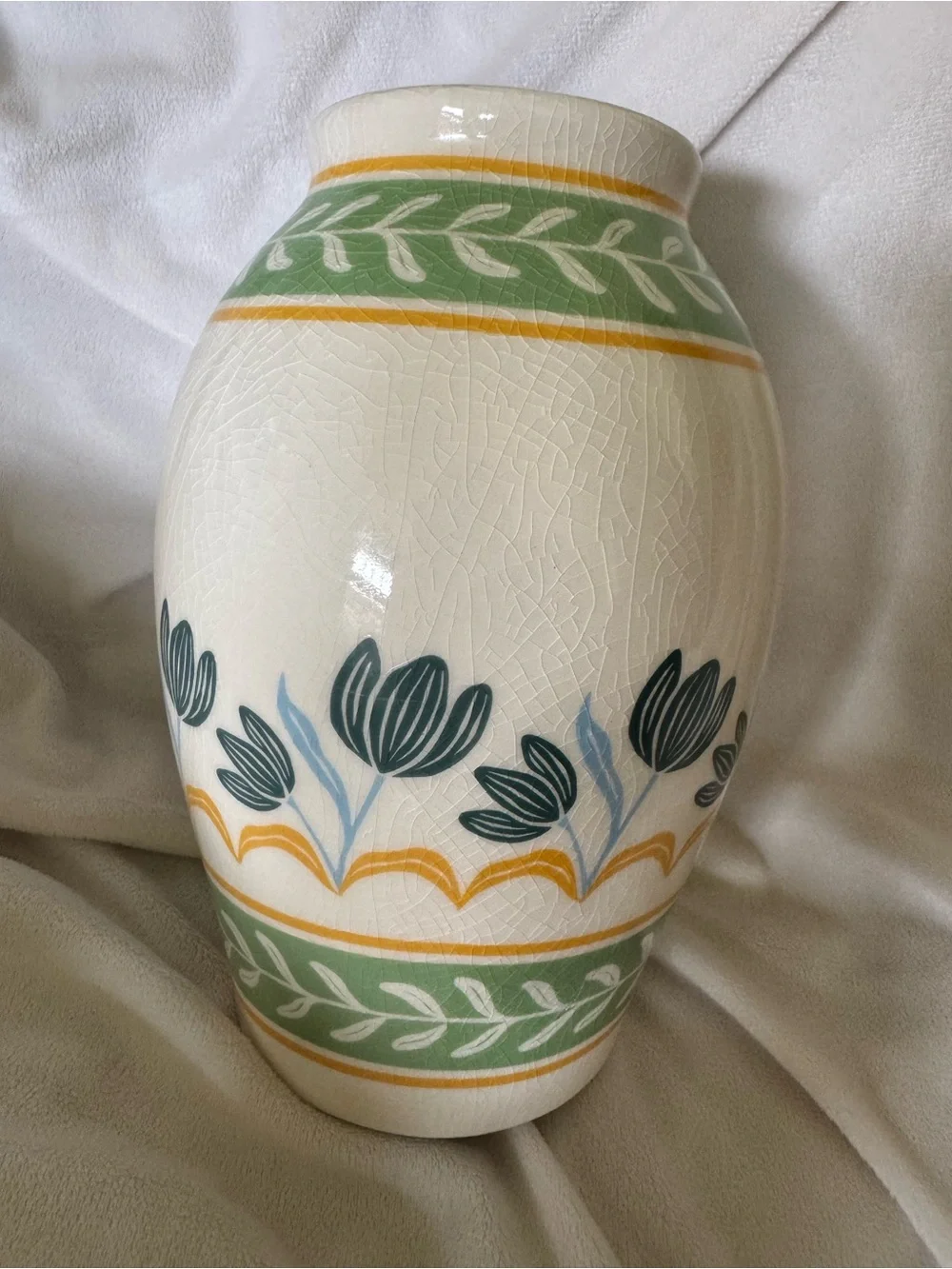Better Homes And Gardens Cream Ceramic Vase with Green and Blue Floral Bands